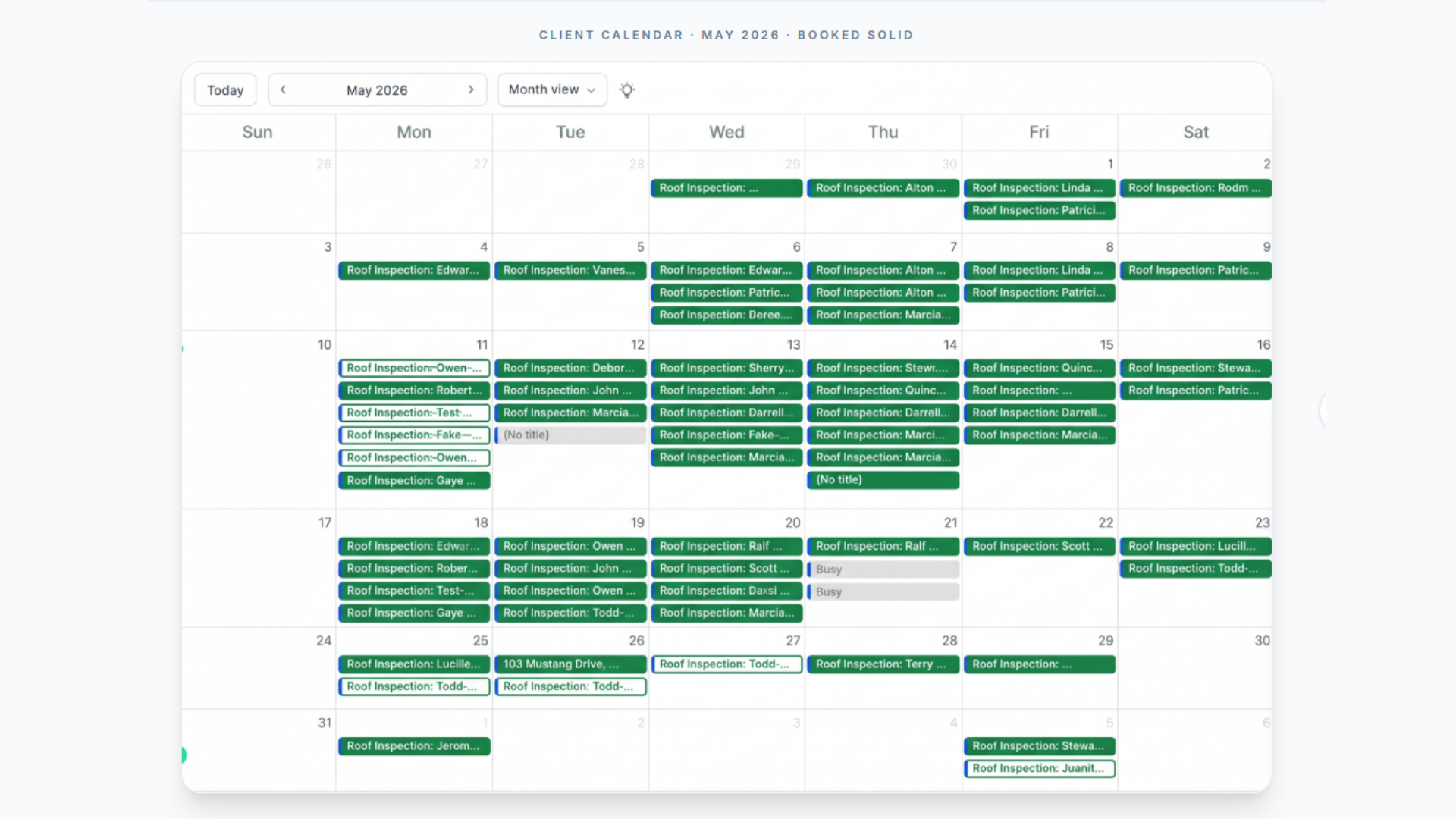 Client calendar for May 2026 packed with roof inspection appointments